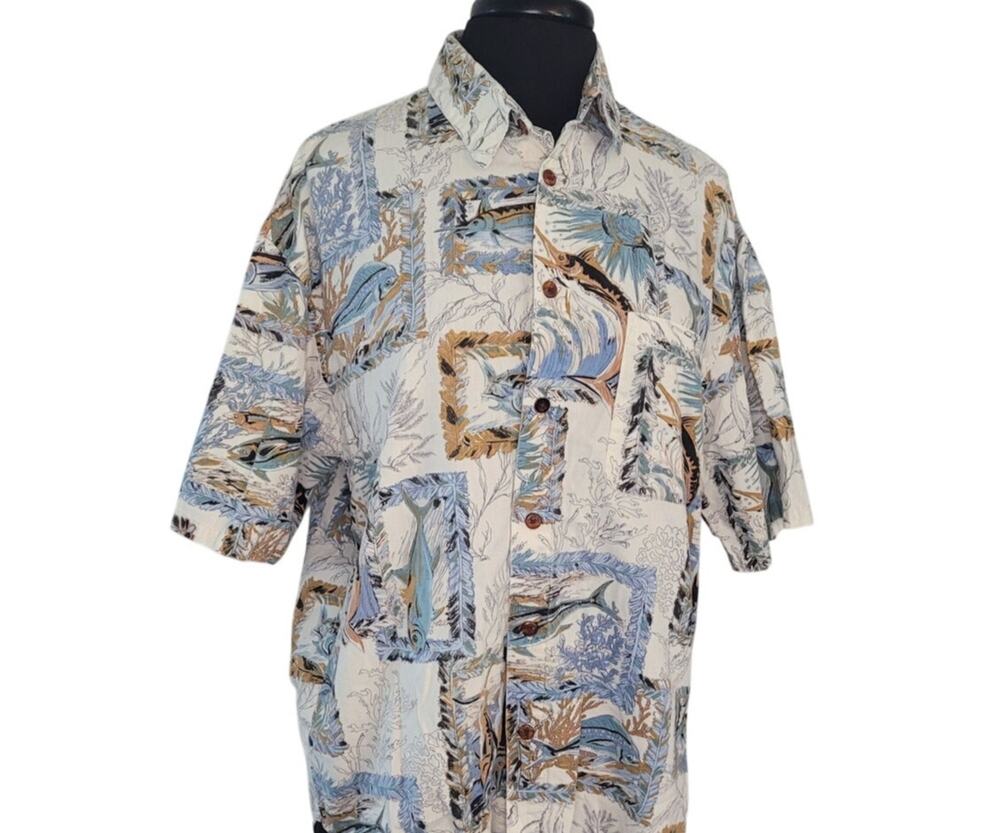 VTG Straight Down Hawaiian Shirt Fish Print Men’s L Tropical Retro Resort Travel